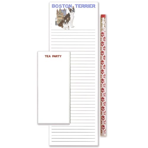 Boston Terrier Tea Time To Do List Magnetic Shopping Pad Notepad & Pencil Gift Set