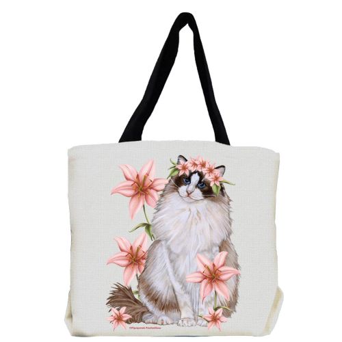 Cat Ragdoll Cat with Pink Lily Flowers Tote Bag