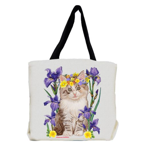 Cat Tabby Kitty with Iris Flowers Tote Bag