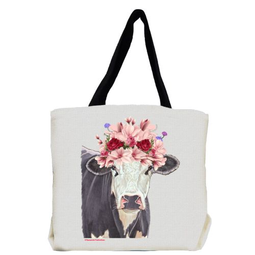 Cow Black and White Holstein Cow with Flowers Tote Bag