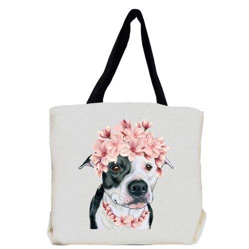 Pit Bull White with Black Pit Bull Dog with Flowers Tote Bag