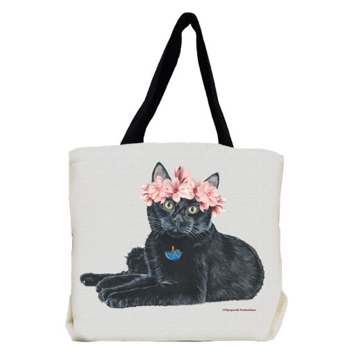 Black Cat with Flowers Tote Bag