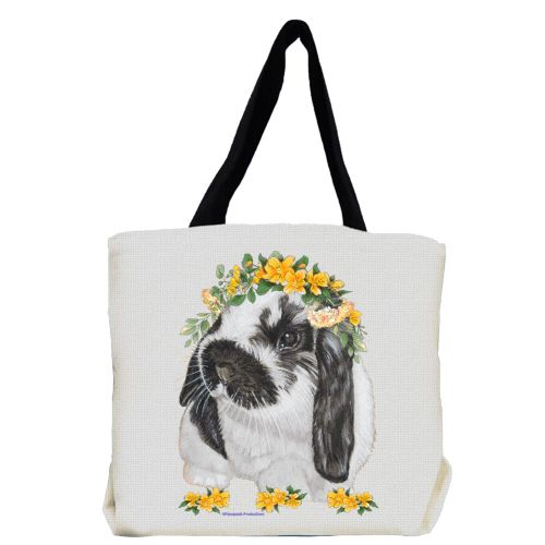 Bunny Floppy Eared Lop Eared White And Black Rabbit with Flowers Tote Bag