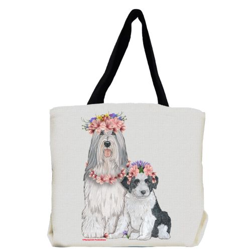 Bearded Collie Dog with Flowers Tote Bag