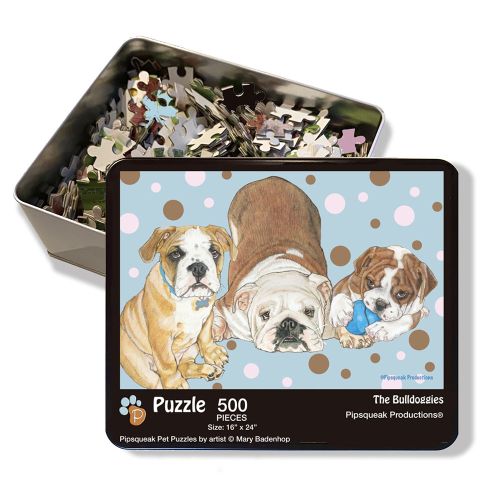 Bulldog Jigsaw Puzzle, 500-piece with reusable Tin, from painting by Mary Badenhop, Art Puzzle, Cute Gifts for Dog Lovers