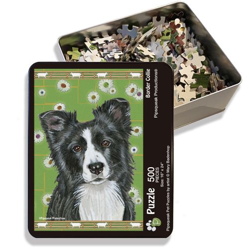 Border Collie Jigsaw Puzzle, 500-piece with reusable Tin, from painting by Mary Badenhop, Art Puzzle, Cute Gifts for Dog Lovers