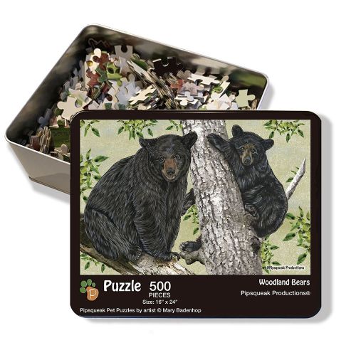Black Bear Jigsaw Puzzle, 500-piece with reusable Tin, from painting by Mary Badenhop, Art Puzzle, Cute Gifts for Wildlife Lovers