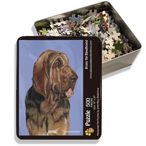 Bloodhound Jigsaw Puzzle, 500-piece with reusable Tin, from painting by Mary Badenhop, Art Puzzle, Cute Gifts for Dog Lovers