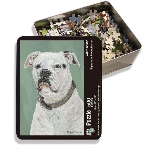 White Boxer Jigsaw Puzzle, 500-piece with reusable Tin, from painting by Mary Badenhop, Art Puzzle, Cute Gifts for Dog Lovers
