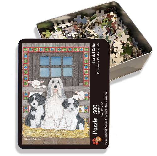 Bearded Collie Jigsaw Puzzle, 500-piece with reusable Tin, from painting by Mary Badenhop, Art Puzzle, Cute Gifts for Dog Lovers