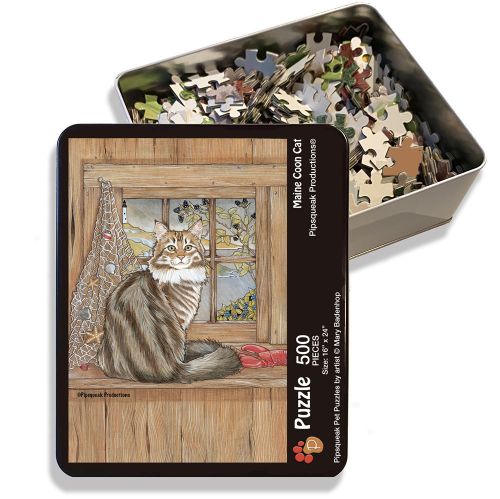 Maine Coon Cat Jigsaw Puzzle, 500-piece with reusable Tin, from painting by Mary Badenhop, Art Puzzle, Cute Gifts for Dog Lovers