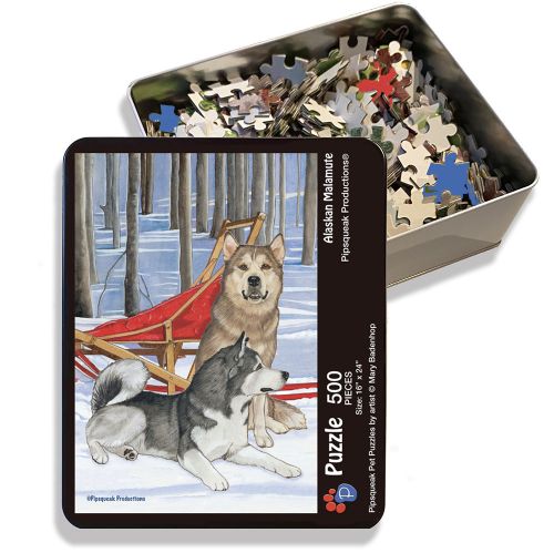 Alaskan Malamute Jigsaw Puzzle, 500-piece with reusable Tin, from painting by Mary Badenhop, Art Puzzle, Cute Gifts for Dog Lovers