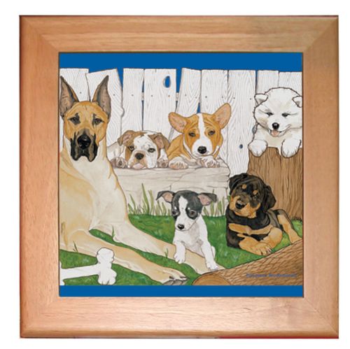 Dog Kitchen Ceramic Trivet Framed in Pine 8" x 8"