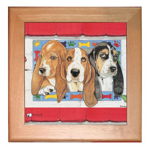Basset Hound Dog Kitchen Ceramic Trivet Framed in Pine 8" x 8"
