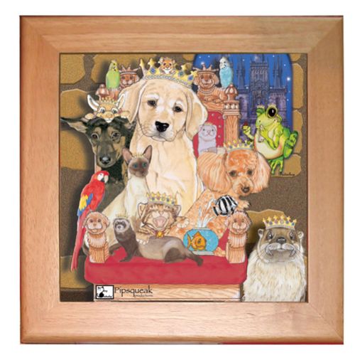 Dog, Cat with other Pet Kitchen Ceramic Trivet Framed in Pine 8" x 8"