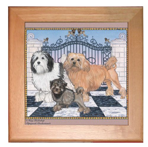 Lowchen Dog Kitchen Ceramic Trivet Framed in Pine 8" x 8"