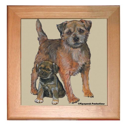 Border Terrier Dog Kitchen Ceramic Trivet Framed in Pine 8" x 8"
