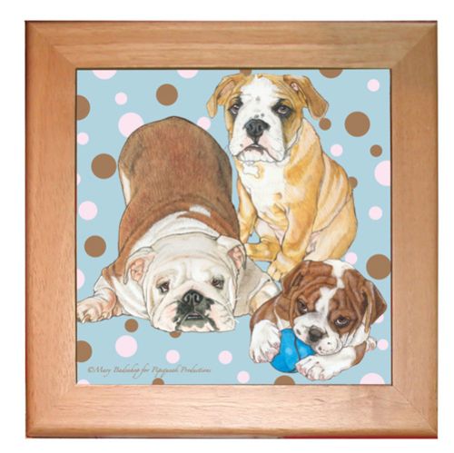 Bulldog Dog Kitchen Ceramic Trivet Framed in Pine 8" x 8"