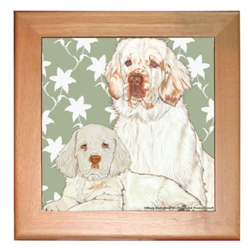 Clumber Spaniel Dog Kitchen Ceramic Trivet Framed in Pine 8" x 8"