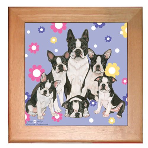 Boston Terrier Dog Kitchen Ceramic Trivet Framed in Pine 8" x 8"