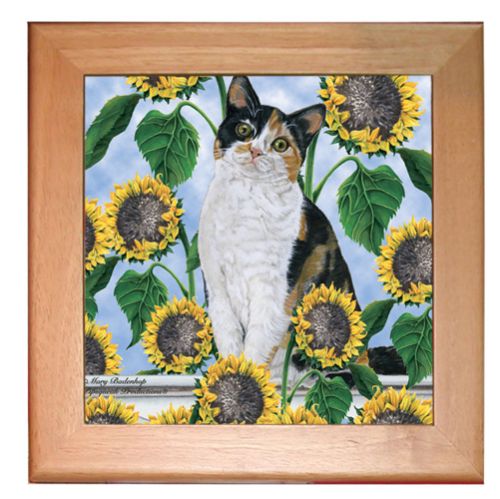 Calico Cat Under the Tuscan Sunflowers Kitchen Ceramic Trivet Framed in Pine 8" x 8"