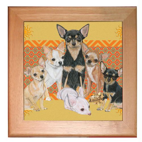 Chihuahua Dog Kitchen Ceramic Trivet Framed in Pine 8" x 8"