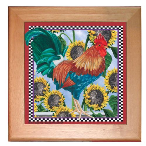 Rooster Kitchen Ceramic Trivet Framed in Pine 8" x 8"