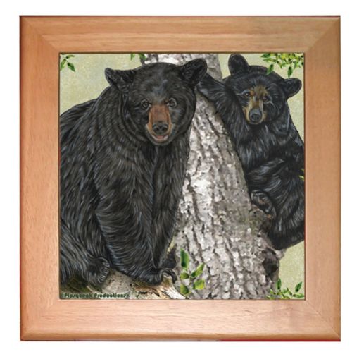 Black Bear Kitchen Ceramic Trivet Framed in Pine 8" x 8"