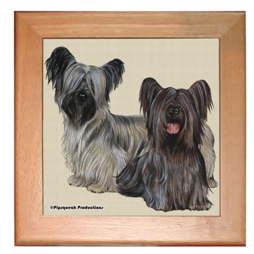 Skye Terrier Dog Kitchen Ceramic Trivet Framed in Pine 8" x 8"