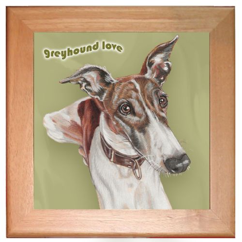 Greyhound Brindle and White Kitchen Ceramic Trivet Framed in Pine 8" x 8"