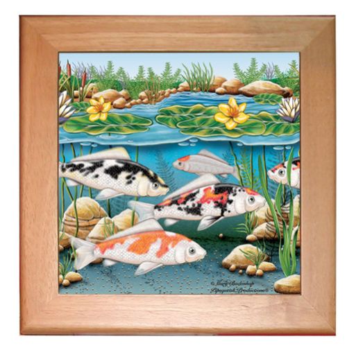 Koi Fish Kitchen Ceramic Trivet Framed in Pine 8" x 8"