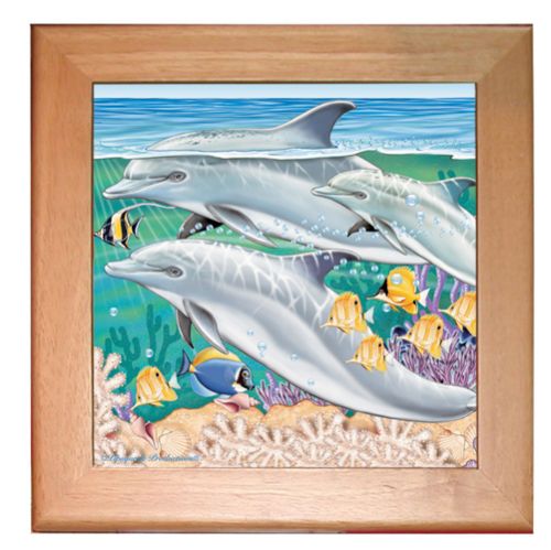 Dolphin Kitchen Ceramic Trivet Framed in Pine 8" x 8"