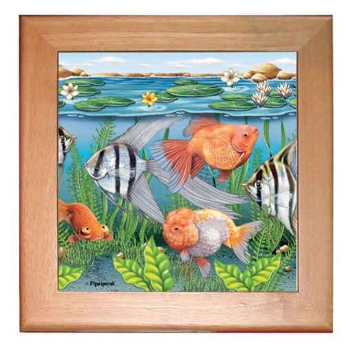 Goldfish and Angelfish Kitchen Ceramic Trivet Framed in Pine 8" x 8"