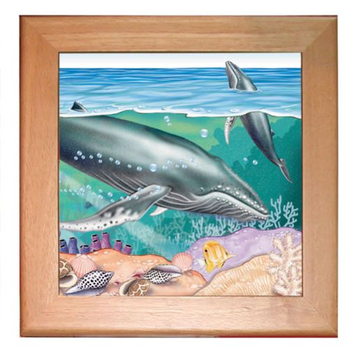 Humpback Whale Kitchen Ceramic Trivet Framed in Pine 8" x 8"