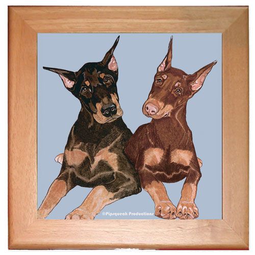 Doberman Pincher Dobie Dog Kitchen Ceramic Trivet Framed in Pine 8" x 8"