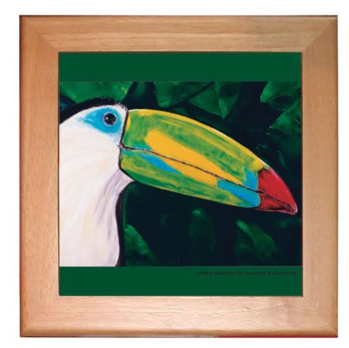 Toucan Parrot Kitchen Ceramic Trivet Framed in Pine 8" x 8"