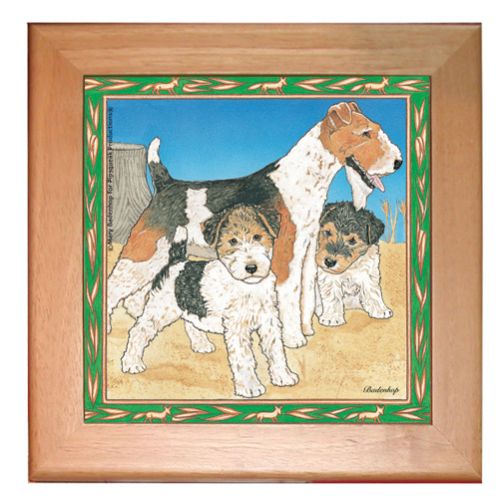 Fox Terrier Wire Dog Kitchen Ceramic Trivet Framed in Pine 8" x 8"