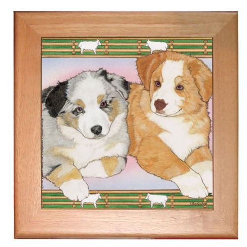 Australian Shepherd Aussie Dog Kitchen Ceramic Trivet Framed in Pine 8" x 8"
