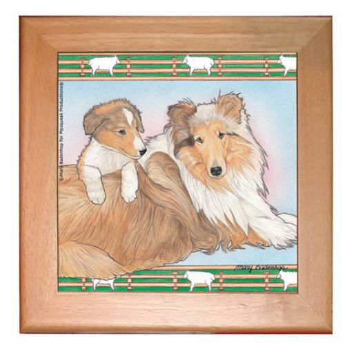 Collie Dog Kitchen Ceramic Trivet Framed in Pine 8" x 8"