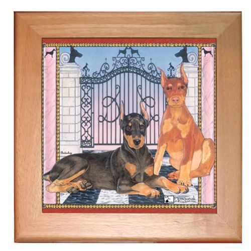Doberman Pincher Dobie Dog Kitchen Ceramic Trivet Framed in Pine 8" x 8"
