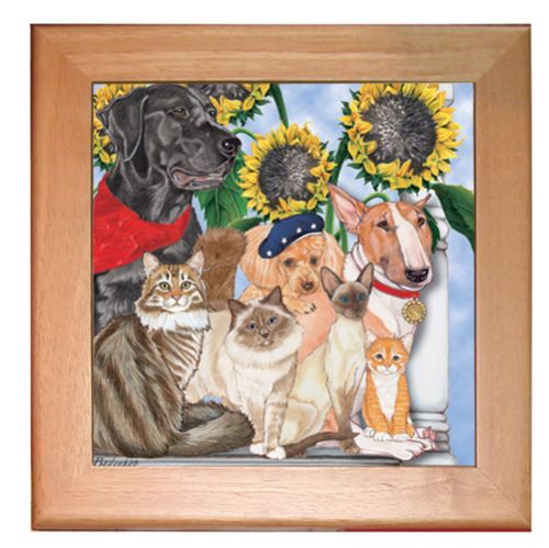 Dog with Cat Group Kitchen Ceramic Trivet Framed in Pine 8" x 8"