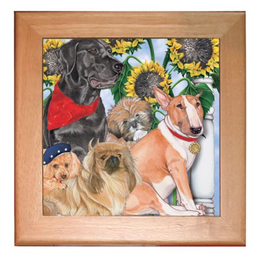 Dog Group Kitchen Ceramic Trivet Framed in Pine 8" x 8"