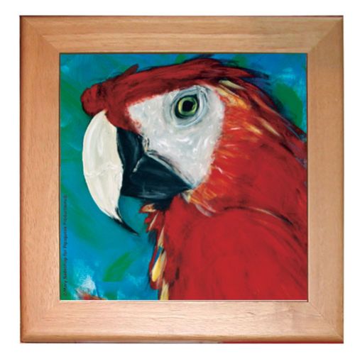 Macaw Parrot Kitchen Ceramic Trivet Framed in Pine 8" x 8"