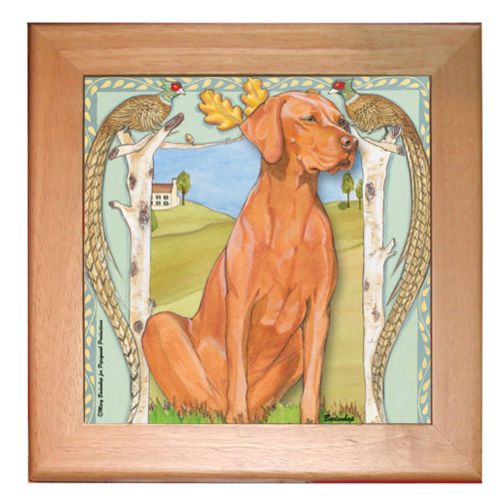 Vizsla Dog Kitchen Ceramic Trivet Framed in Pine 8" x 8"