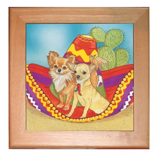 Chihuahua Dog Kitchen Ceramic Trivet Framed in Pine 8" x 8"
