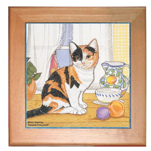 Calico Cat Kitchen Ceramic Trivet Framed in Pine 8" x 8"