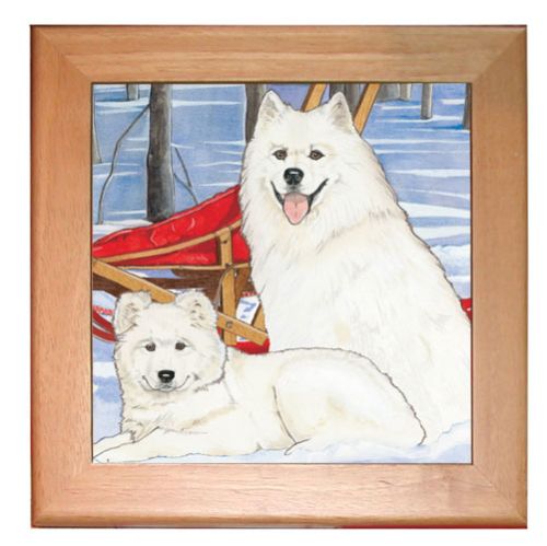 Samoyed Dog Kitchen Ceramic Trivet Framed in Pine 8" x 8"