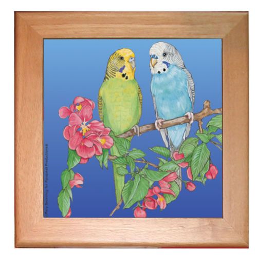 Parakeet Parrot Kitchen Ceramic Trivet Framed in Pine 8" x 8"