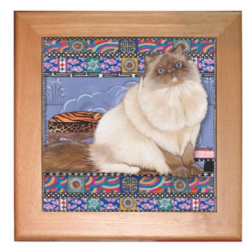 Himalayan Cat Kitchen Ceramic Trivet Framed in Pine 8" x 8"