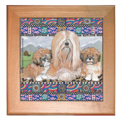 Lhasa Apso Dog Kitchen Ceramic Trivet Framed in Pine 8" x 8"